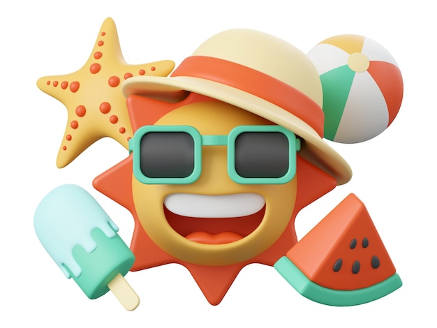 PSD summer concept smiling sun wearing sunglasses with ice cream watermelon and beach ball