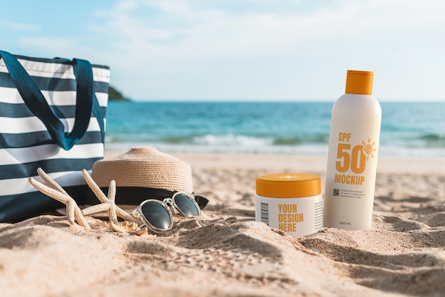 Summer cosmetic products at beach