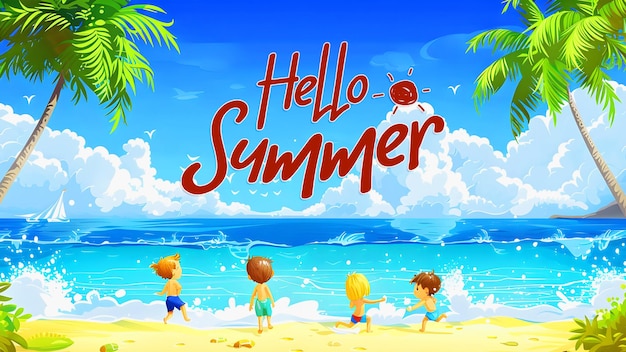 Summer day banner to little boys and girls are playing on the beach and enjoying the summer day