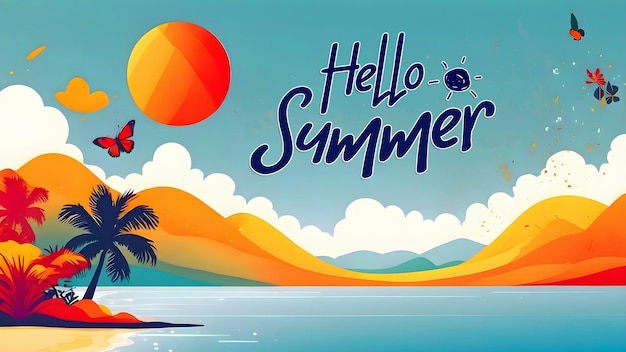 Summer day banner template with summer element and colorful picture of beach scene