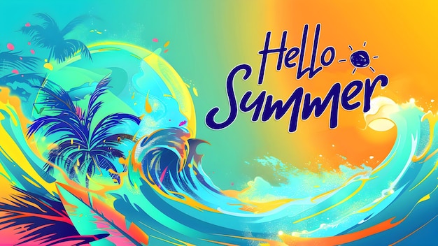 PSD summer day banner template with summer element and colorful picture of beach scene