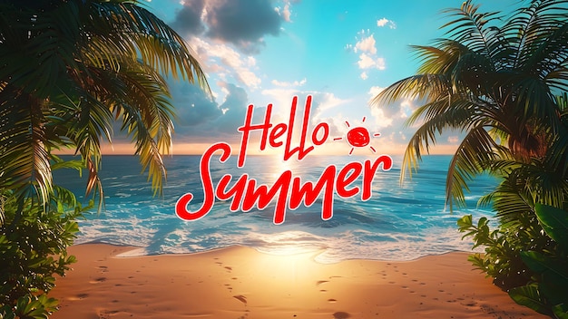 Summer day facebook cover template with hello summer text and beach background