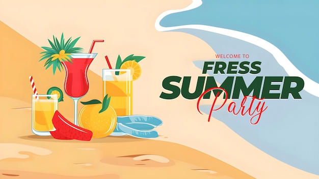 PSD summer day poster template to hello summer background with beach view