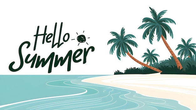 Summer day poster with drinking juice elements and Hello summer text on white background