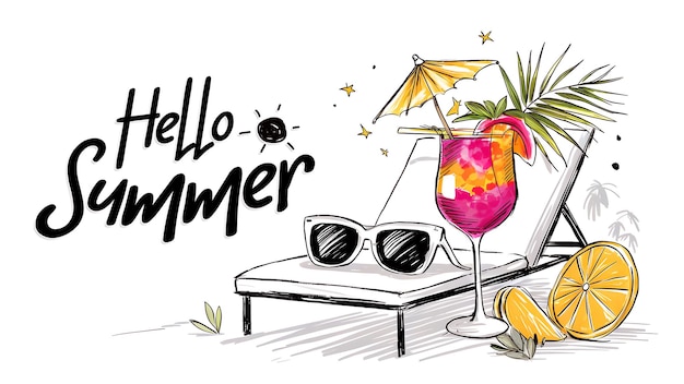 Summer day poster with drinking juice elements and Hello summer text on white background