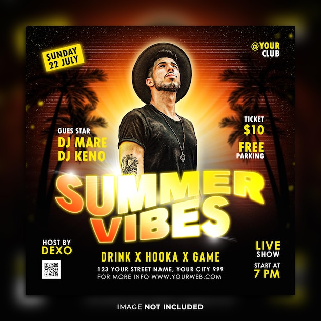 Summer flyer dj party instagram social media post template