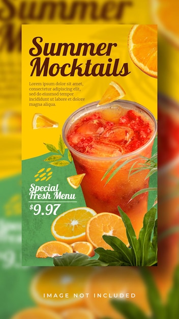 PSD summer fresh drink special new menu mocktail promotion social media post stories banner template