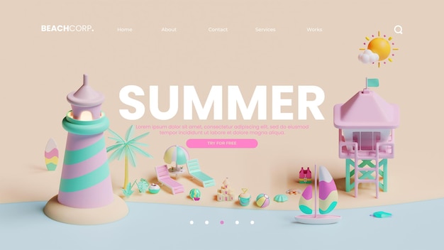 Summer landing page template with 3D rendering illustration