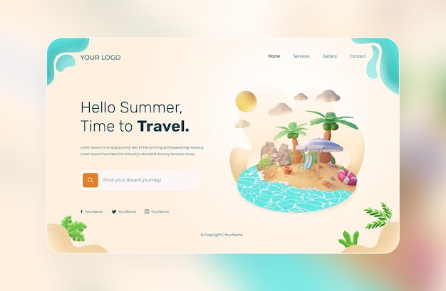 Summer landing page template with 3D rendering illustration