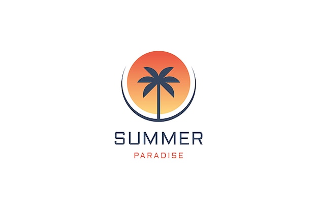 Summer paradise palm tree at sunset sunrise island travel vacation logo design template flat