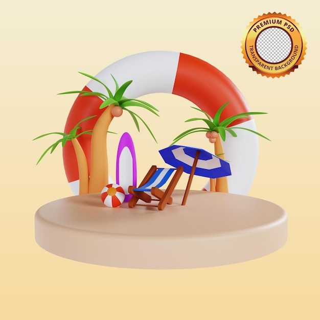 Summer Podium Beach Deck and Coconut Trees 3D Illustration Premium PSD