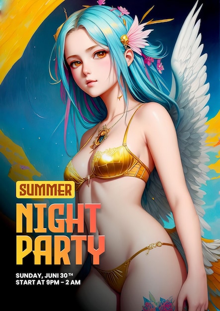 Summer poster with anime background wearing sexy bikini