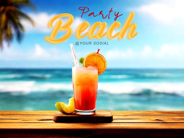 Summer Poster with Wooden Board Juice Drink With Blurred Beach and Sea Background