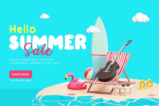 Summer sale banner template with 3d illustration