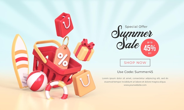 Summer sale banner template with 3d summer element composition