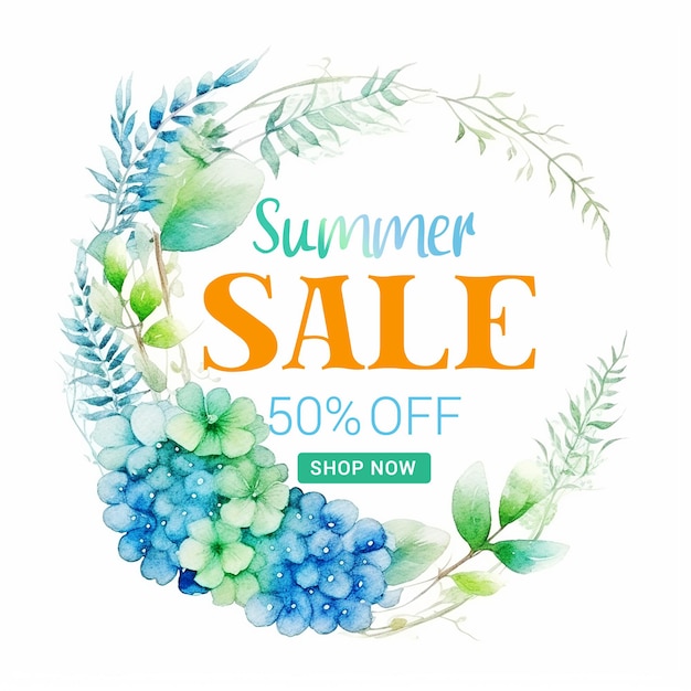 Summer sale banner with blue flowers and leaves.