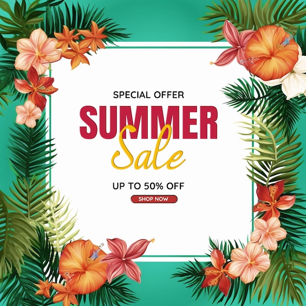 Summer sale banner with white board and 3d