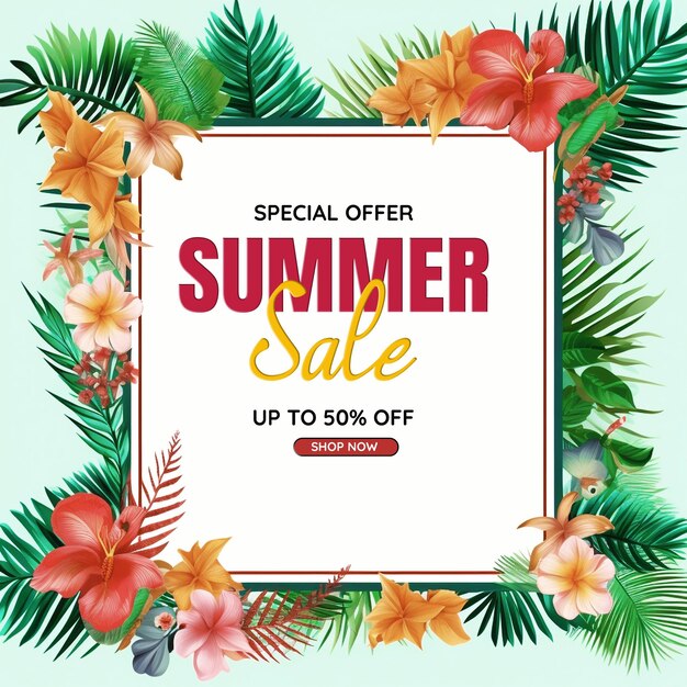 Summer sale banner with white board and 3d