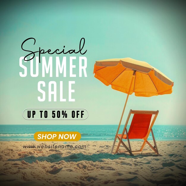 PSD summer sale concept with deck chair and umbrella on the sand background