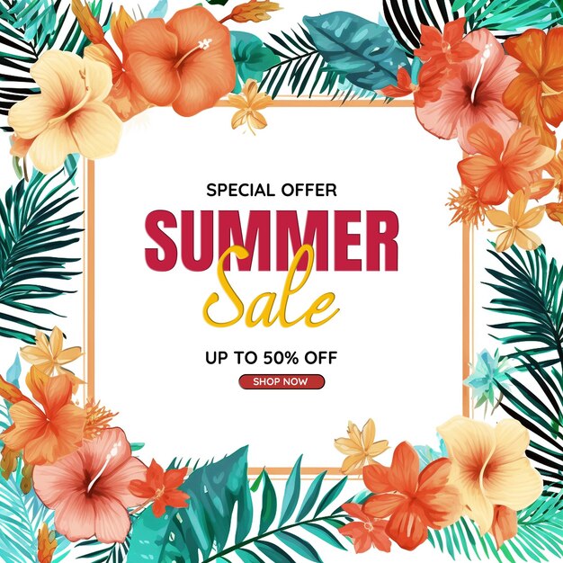 summer sale design with flower and exotic palm leaves on blue backgroundtropical special offer