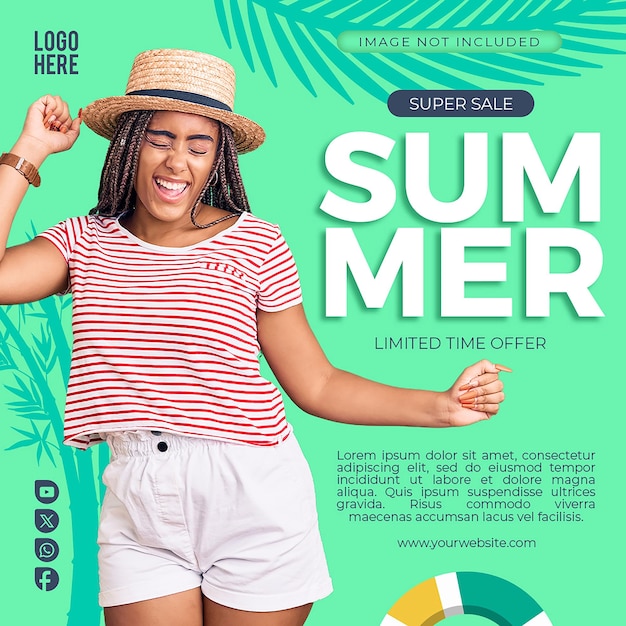 summer sale social media post psd template green post a woman in a hat is dancing