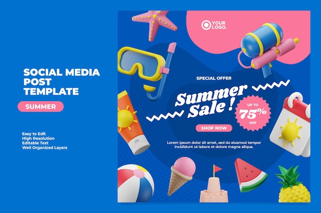 Summer sale square social media post template with 3d render illustration