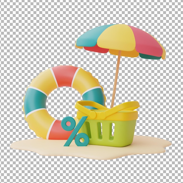 Summer sale with colorful inflatable ring and shopping basket isolate on white backgroundsummer beach elements3d rendering