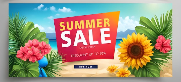 Summer season banner with gradient tropical leaves