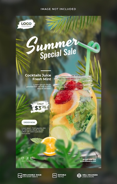 Summer Special Fresh mint lime drink menu on wood promotion social media instagram story template