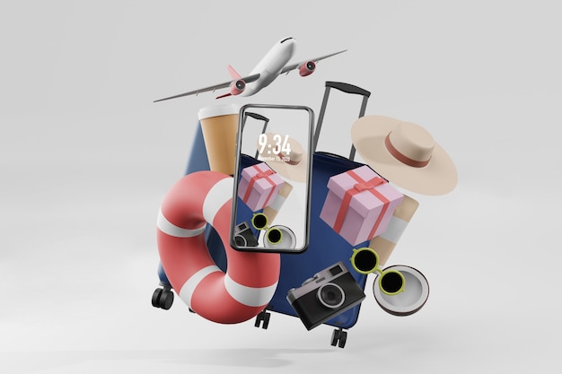 Summer stuff with mobile phone mockup in 3d illustration rendering