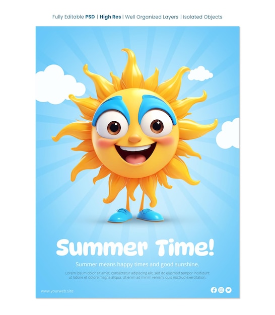 PSD summer time poster template with 3d sun cartoon character