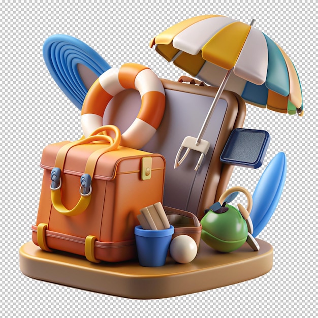 PSD summer and travel concept suitcase with different accessories for vacation with boarding pass and airplane on white background 3d rendering