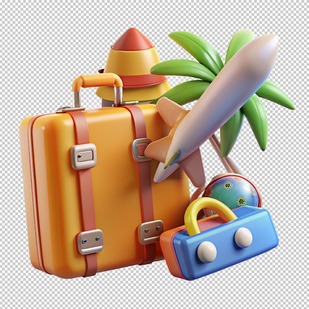 Summer and travel Concept Suitcase with Different Accessories for Vacation with Boarding Pass and Airplane on white background 3d Rendering