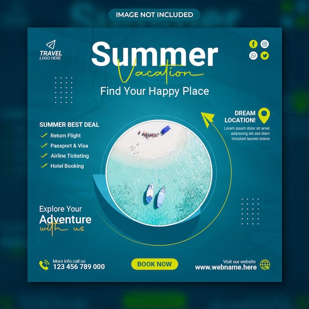 Summer vacation travelling offer social media post banner travel tourism square flyer template