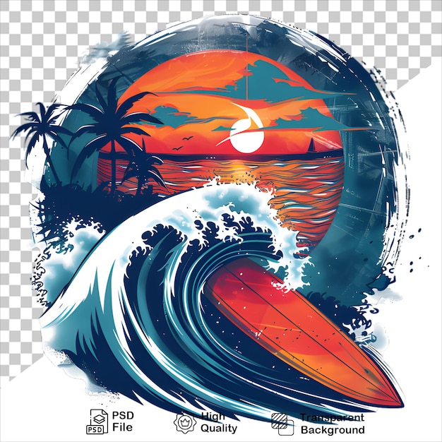 PSD sun and waves tshirt design on transparent background