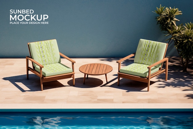 PSD sunbed mockup design near pool