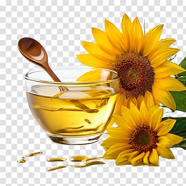 sunflower oil in glass bowl and spoon on transparent background