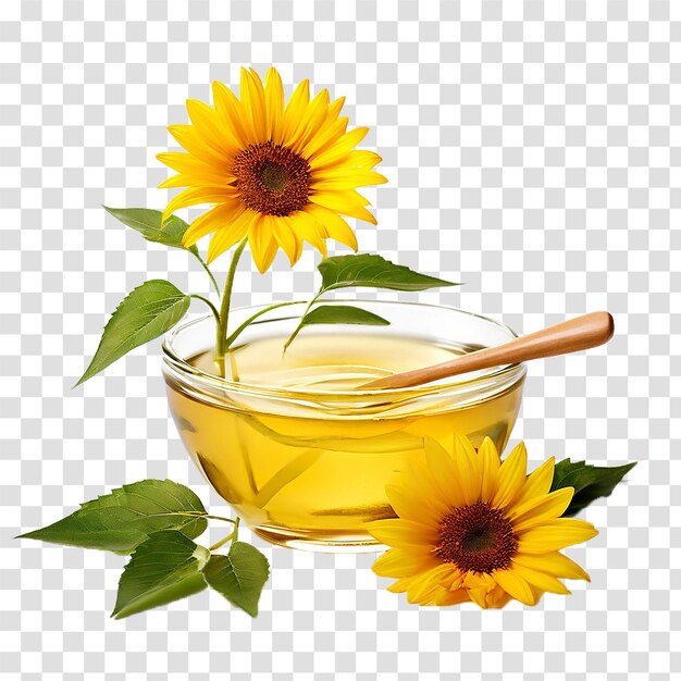 sunflower oil in glass bowl and spoon on transparent background