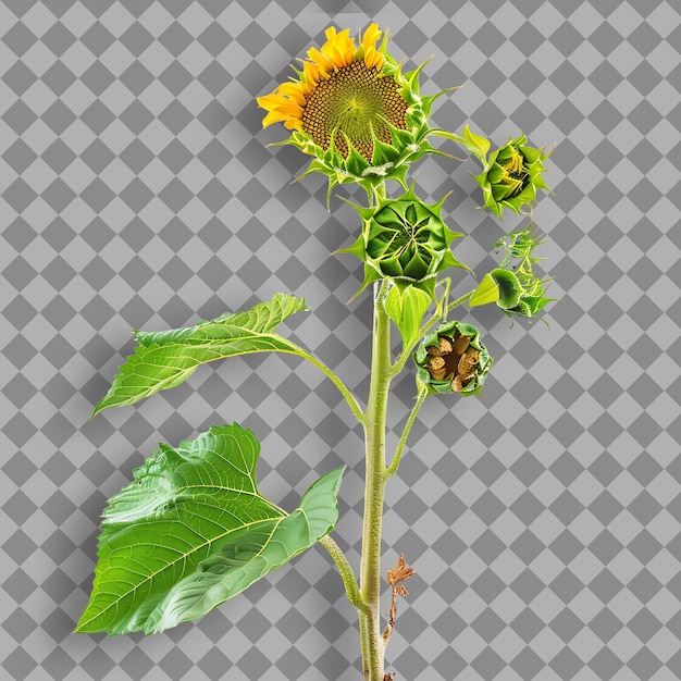 PSD sunflower with tall straight branch covered in large bright isolated object on clean background