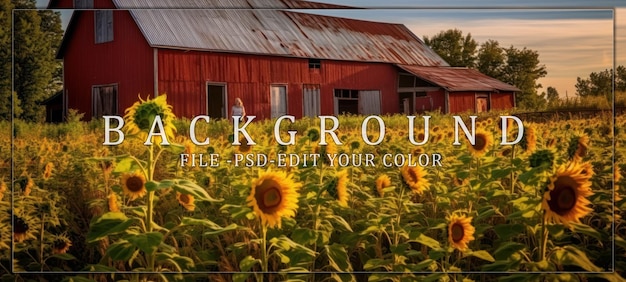 PSD sunflowers blooming in front of a red barn