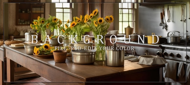 PSD sunflowers and rustic kitchen table