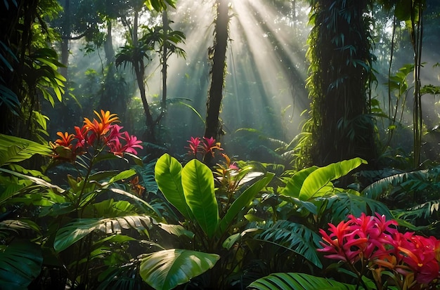 PSD sunlit amazon rainforest bursts with vibrant flora