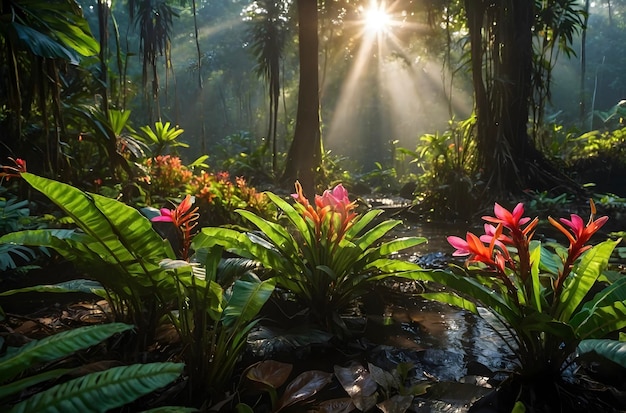 PSD sunlit amazon rainforest bursts with vibrant flora