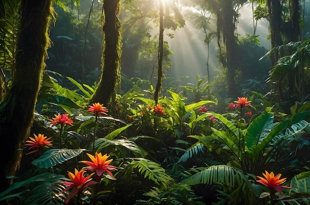 Sunlit Amazon Rainforest Bursts with Vibrant Flora