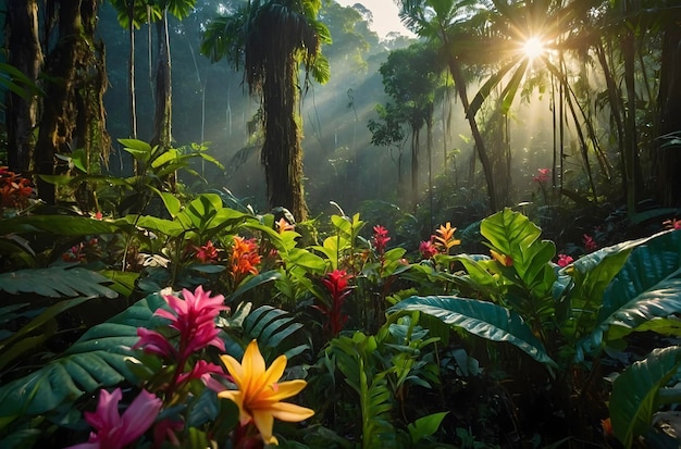 PSD sunlit amazon rainforest bursts with vibrant flora