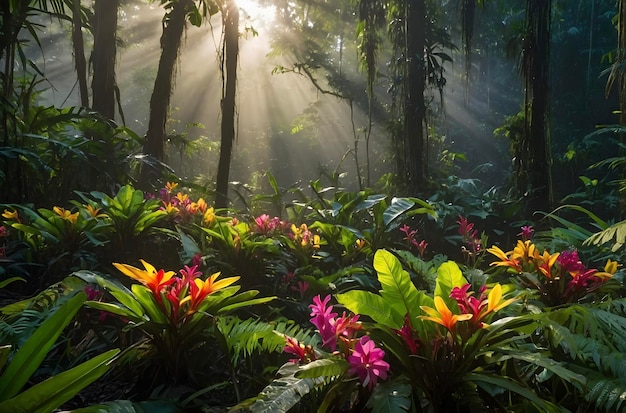 Sunlit Amazon Rainforest Bursts with Vibrant Flora