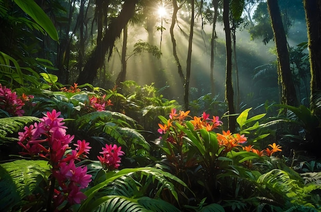 Sunlit Amazon Rainforest Bursts with Vibrant Flora