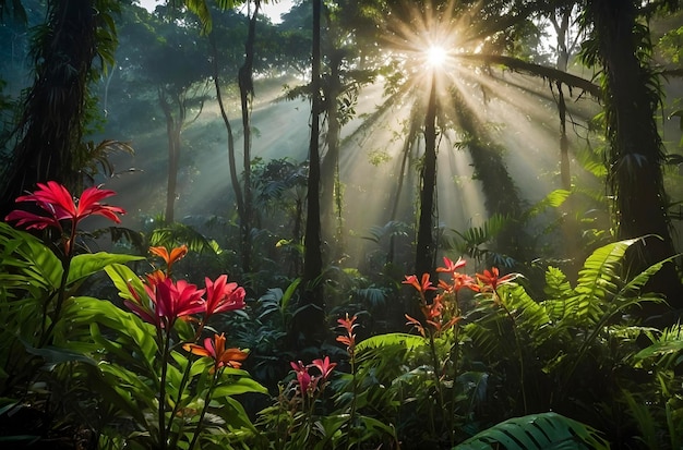 PSD sunlit amazon rainforest bursts with vibrant flora