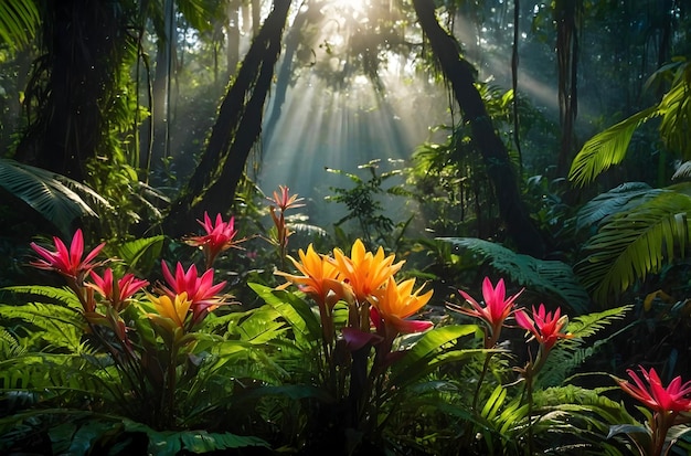 Sunlit Amazon Rainforest Bursts with Vibrant Flora