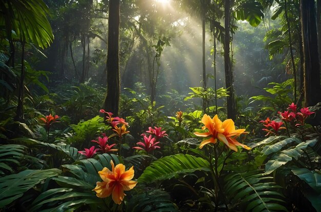 Sunlit Amazon Rainforest Bursts with Vibrant Flora